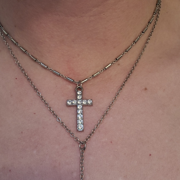 Double Cross Sterling Silver Drop Necklace - Picture 9 of 10
